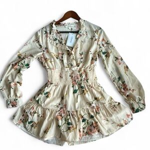 NWT! Beige Floral Long Sleeve Romper with Smocked Waist and Tiered Skirt/Shorts